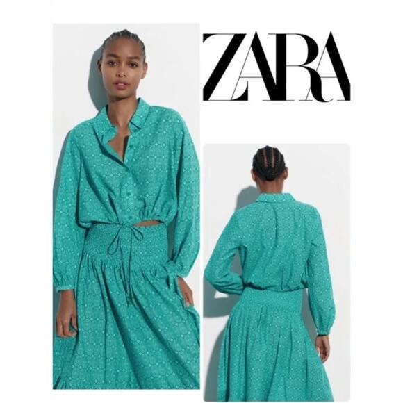 Zara Matching Set Maxi Skirt Crop Blouse XS Blue Green Print Dress 100% Cotton - Picture 16 of 16
